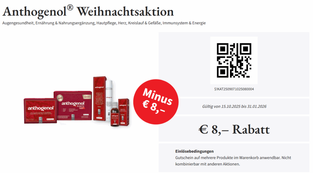 Anthogenol Weihnachtsaktion 8€ Rabatt auf ausgewählte Produkte Bis 31.01.2026