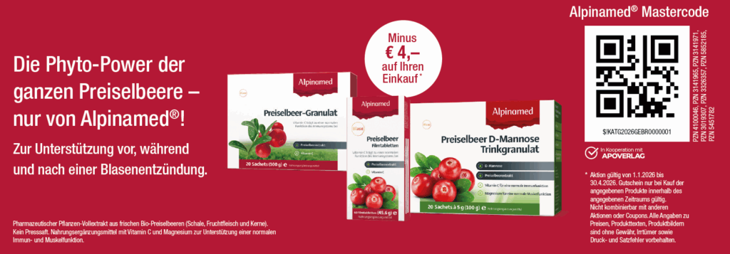 Alpinamed Preiselbeer-Granulat, Preiselbeer Filmtabletten, Preiselbeer D-Mannose Trinkgranulat Minus 4€ auf Einkauf 1.1 - 30.4.2026