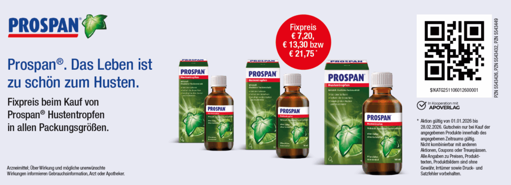 Prospan Hustentropfen alle Packungsgrößen Fixpreise 7,20€, 13,30€ bzw 21,75€ 1.1 - 28.2.2026