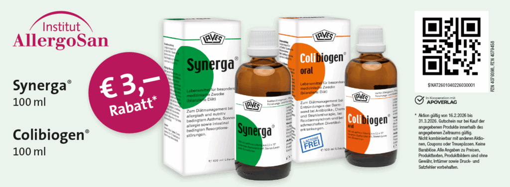 AllergoSan Synerga 100 ml Colibiogen 100 ml jeweils 3€ Rabatt 16.2 - 31.3.2026
